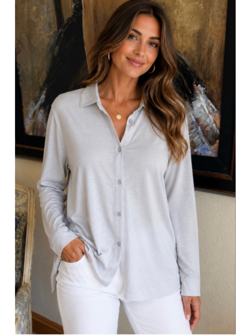 NWT Majestic Filatures Gray Purple Button Down Shirt Size L